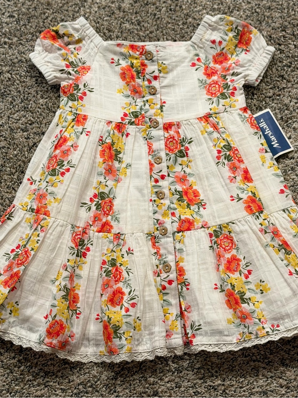 Haute Hippie White Floral Button-Front Tiered Dress with Coral & Yellow Blooms